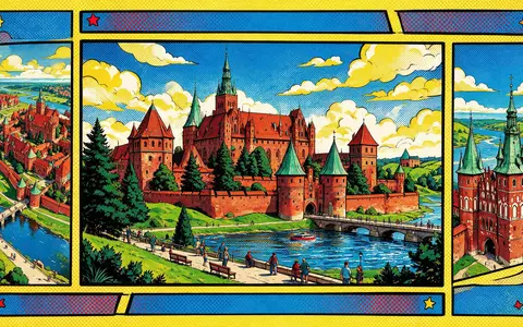 Pop-Art-Comicillustration des Wahrzeichens Burg Malbork in Malbork Polen, kraeftige Konturen Rasterpunkte und satte Farben - Foto: THN
