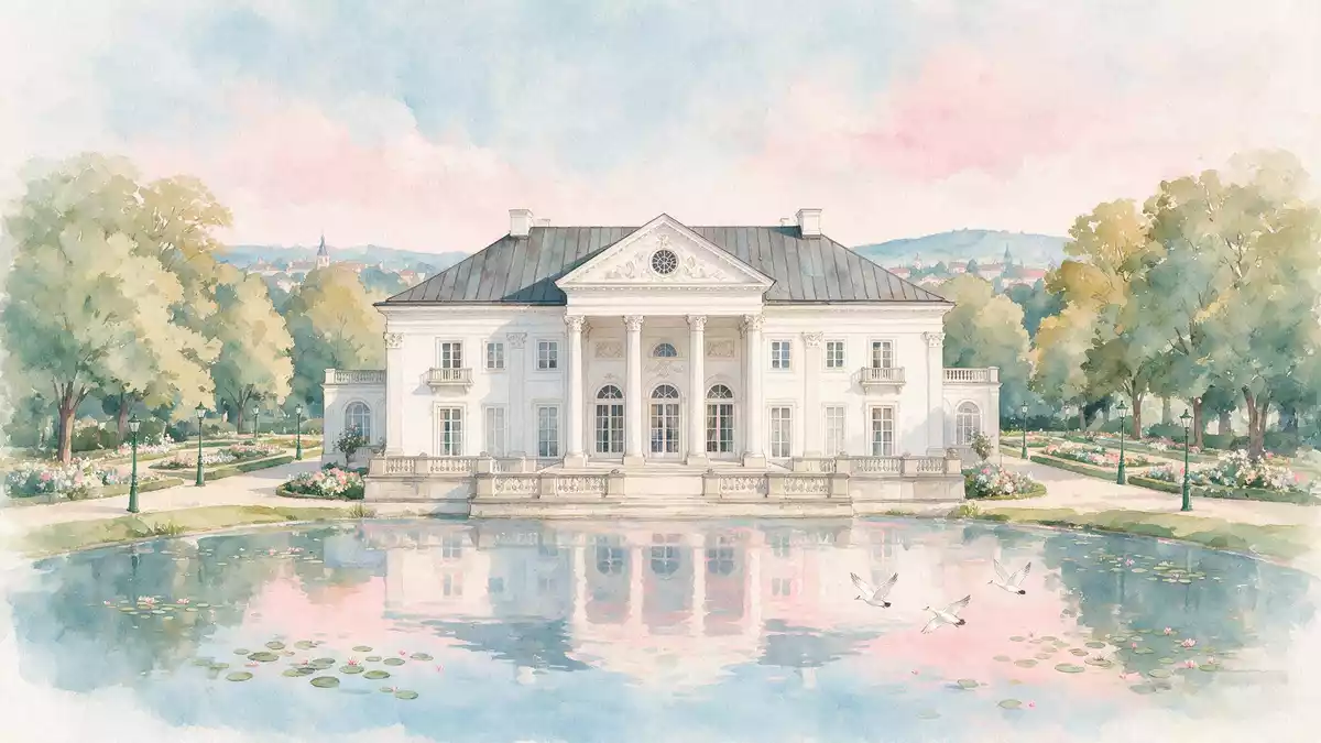 Aquarell-Illustration von Lazienki-Park Warschau in Warschau, Polen als Reiseposter
