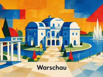 Bauhaus-Poster als geometrische Abstraktion von Lazienki-Park Warschau in Warschau Polen, kraeftige Grundfarben und harte Formkanten - Foto: THN