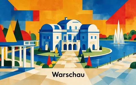 Bauhaus-Poster als geometrische Abstraktion von Lazienki-Park Warschau in Warschau Polen, kraeftige Grundfarben und harte Formkanten - Foto: THN