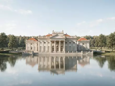 Moderner Architektur-Render zeigt Silhouette von Lazienki-Park Warschau in Warschau Polen, klare Linien und neutrales Tageslicht - Foto: THN