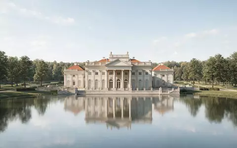 Moderner Architektur-Render zeigt Silhouette von Lazienki-Park Warschau in Warschau Polen, klare Linien und neutrales Tageslicht - Foto: THN