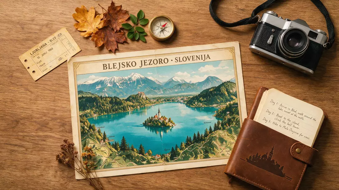 Flatlay-Reise-Arrangement rund um Bleder See in Bled, Slowenien
