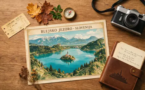 Flatlay-Reise-Arrangement rund um Bleder See in Bled Slowenien, Karte Kompass Kamera und generische Reiserequisiten - Foto: THN