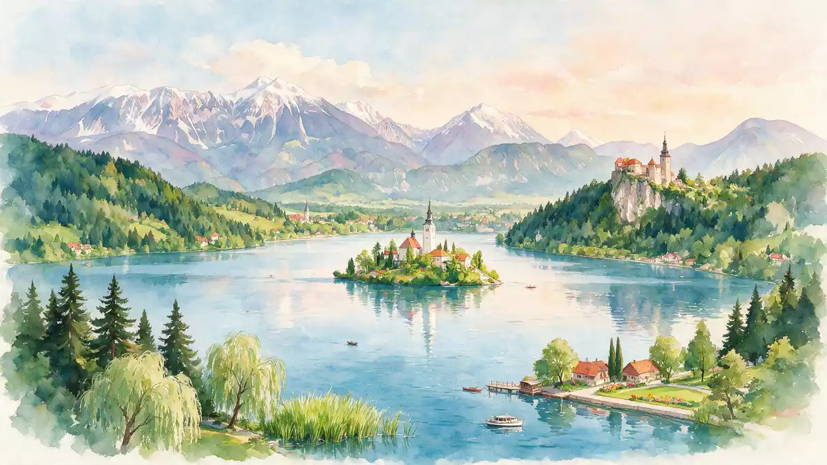Aquarell-Illustration von Bleder See in Bled, Slowenien als Reiseposter