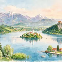 Aquarellillustration des Wahrzeichens Bleder See in Bled Slowenien, weiche Farbverläufe und pastelliges Reiseposter-Feeling - Foto: THN