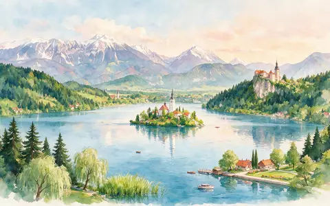 Aquarellillustration des Wahrzeichens Bleder See in Bled Slowenien, weiche Farbverläufe und pastelliges Reiseposter-Feeling - Foto: THN