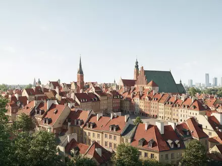 Moderner Architektur-Render zeigt Silhouette von Altstadt Warschau in Warschau Polen, klare Linien und neutrales Tageslicht - Foto: THN