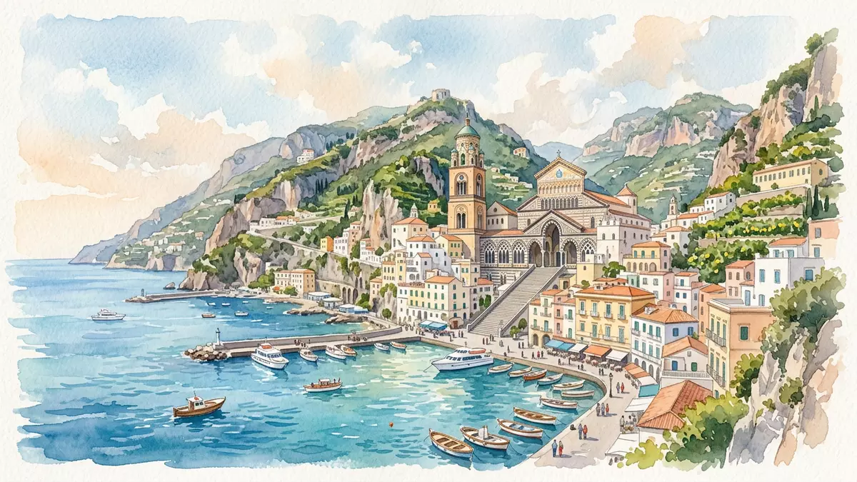 Aquarell-Illustration von Kathedrale von Amalfi in Amalfi, Italien als Reiseposter