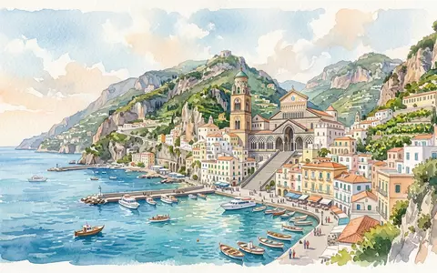 Aquarellillustration des Wahrzeichens Kathedrale von Amalfi in Amalfi Italien, weiche Farbverläufe und pastelliges Reiseposter-Feeling - Foto: THN