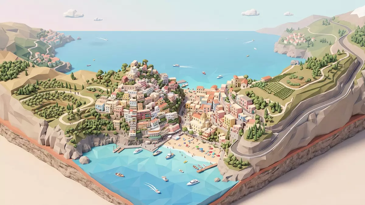 Isometrisches Diorama von Positano in Positano, Italien in Pastell