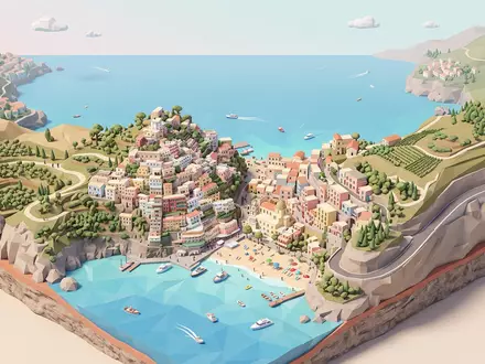 Isometrisches Diorama von Positano und Umgebung in Positano Italien, verspielte Low-Poly-Kulisse in Pastellfarben - Foto: THN