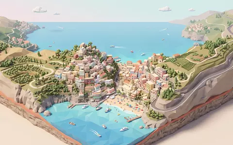 Isometrisches Diorama von Positano und Umgebung in Positano Italien, verspielte Low-Poly-Kulisse in Pastellfarben - Foto: THN