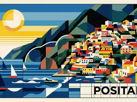Bauhaus-Poster als geometrische Abstraktion von Positano in Positano Italien, kraeftige Grundfarben und harte Formkanten - Foto: THN