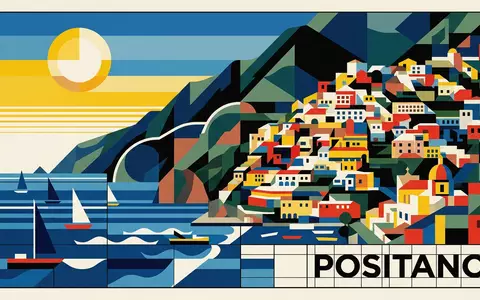 Bauhaus-Poster als geometrische Abstraktion von Positano in Positano Italien, kraeftige Grundfarben und harte Formkanten - Foto: THN