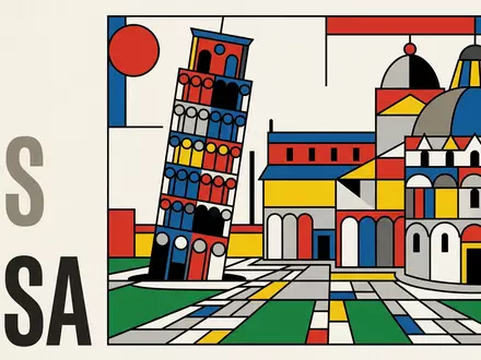 Bauhaus-Poster als geometrische Abstraktion von Piazza dei Miracoli Pisa in Pisa Italien, kraeftige Grundfarben und - Foto: THN