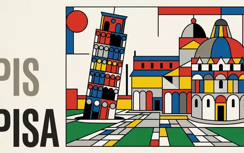 Bauhaus-Poster als geometrische Abstraktion von Piazza dei Miracoli Pisa in Pisa Italien, kraeftige Grundfarben und - Foto: THN