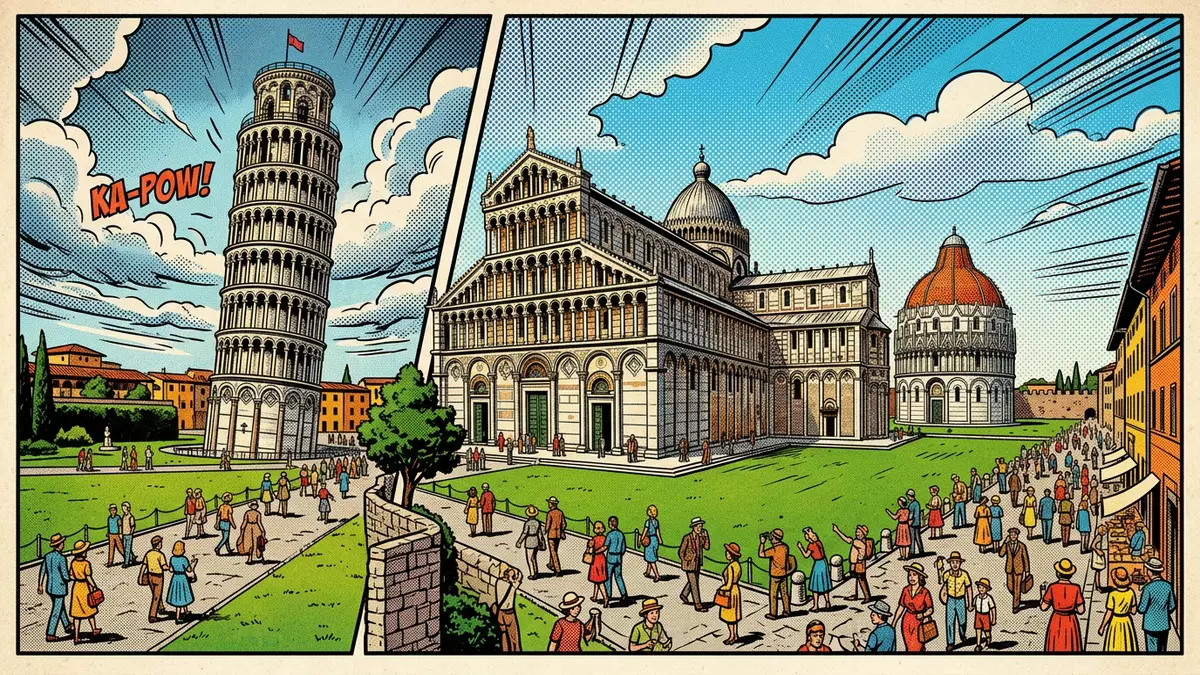 Pop-Art-Comic von Piazza dei Miracoli Pisa in Pisa, Italien mit Rasterpunkten