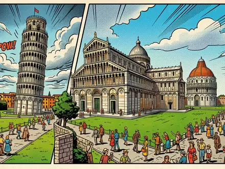 Pop-Art-Comicillustration des Wahrzeichens Piazza dei Miracoli Pisa in Pisa Italien, kraeftige Konturen Rasterpunkte und satte - Foto: THN