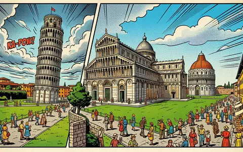 Pop-Art-Comicillustration des Wahrzeichens Piazza dei Miracoli Pisa in Pisa Italien, kraeftige Konturen Rasterpunkte und satte - Foto: THN
