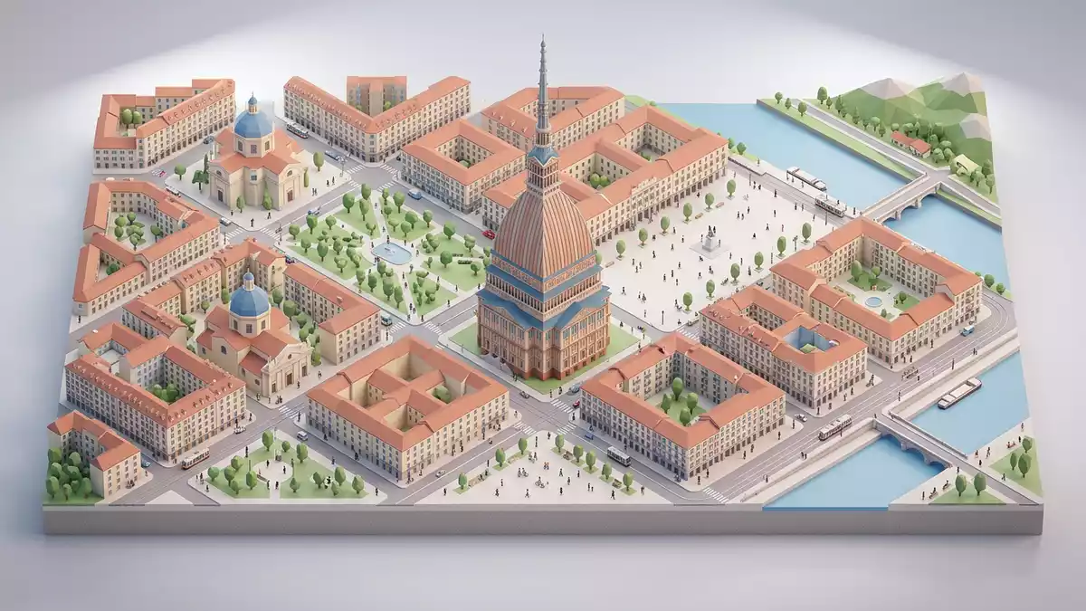 Isometrisches Diorama von Mole Antonelliana in Turin, Italien in Pastell