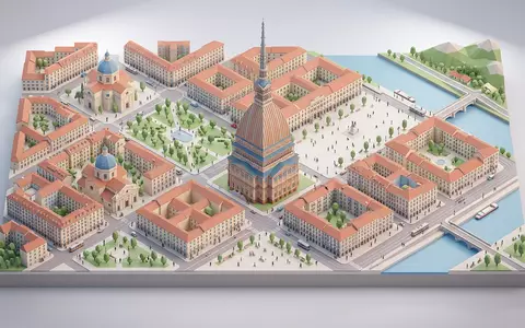 Isometrisches Diorama von Mole Antonelliana und Umgebung in Turin Italien, verspielte Low-Poly-Kulisse in Pastellfarben - Foto: THN
