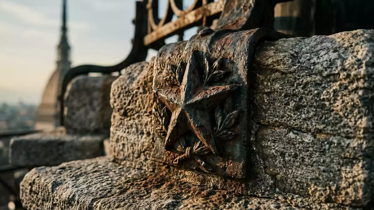 Makroaufnahme eines Materialdetails am Wahrzeichen Mole Antonelliana, Turin Italien