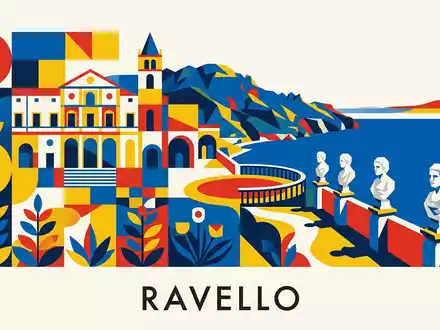 Bauhaus-Poster als geometrische Abstraktion von Villa Cimbrone Ravello in Ravello Italien, kraeftige Grundfarben und harte - Foto: THN