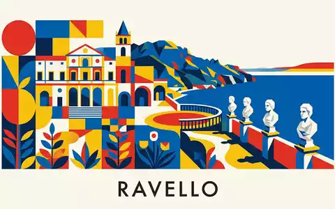 Bauhaus-Poster als geometrische Abstraktion von Villa Cimbrone Ravello in Ravello Italien, kraeftige Grundfarben und harte - Foto: THN