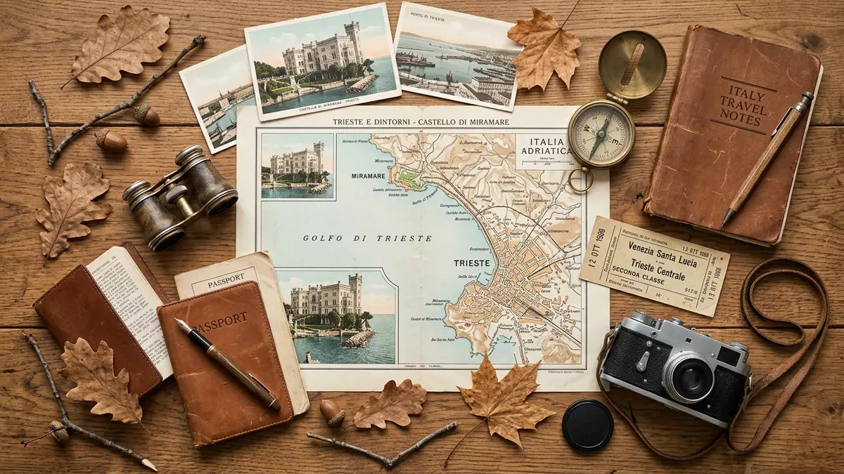 Flatlay-Reise-Arrangement rund um Schloss Miramare in Triest, Italien