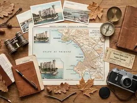 Flatlay-Reise-Arrangement rund um Schloss Miramare in Triest Italien, Karte Kompass Kamera und generische Reiserequisiten - Foto: THN
