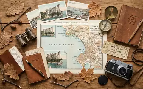 Flatlay-Reise-Arrangement rund um Schloss Miramare in Triest Italien, Karte Kompass Kamera und generische Reiserequisiten - Foto: THN