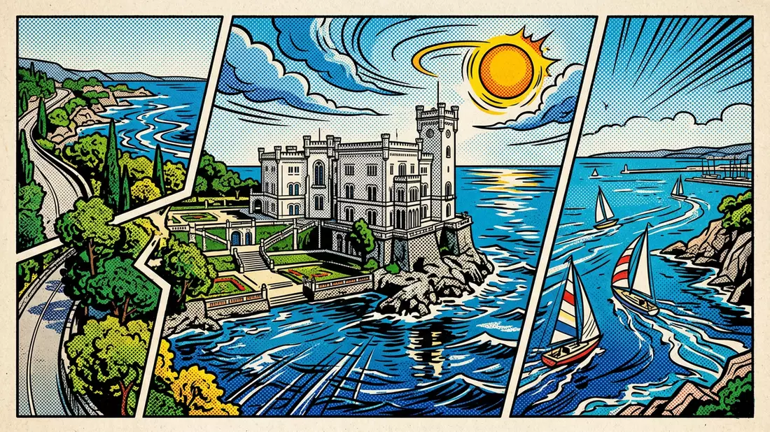 Pop-Art-Comic von Schloss Miramare in Triest, Italien mit Rasterpunkten