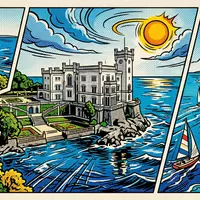 Pop-Art-Comicillustration des Wahrzeichens Schloss Miramare in Triest Italien, kraeftige Konturen Rasterpunkte und satte Farben - Foto: THN
