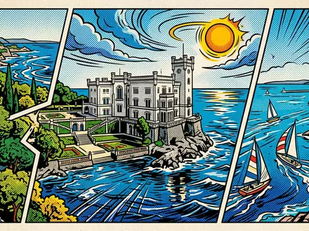 Pop-Art-Comicillustration des Wahrzeichens Schloss Miramare in Triest Italien, kraeftige Konturen Rasterpunkte und satte Farben - Foto: THN