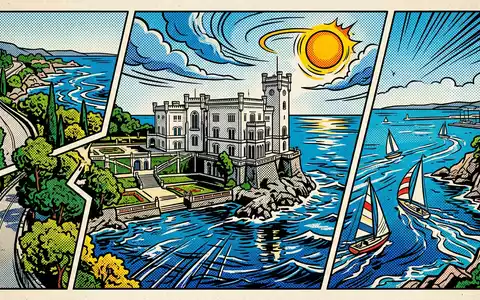 Pop-Art-Comicillustration des Wahrzeichens Schloss Miramare in Triest Italien, kraeftige Konturen Rasterpunkte und satte Farben - Foto: THN