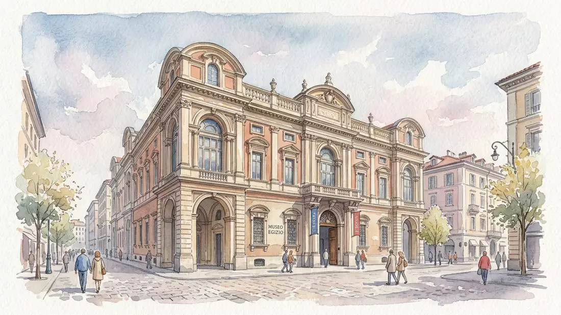 Aquarell-Illustration von Agyptisches Museum Turin in Turin, Italien als Reiseposter