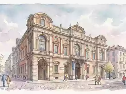 Aquarellillustration des Wahrzeichens Agyptisches Museum Turin in Turin Italien, weiche Farbverläufe und pastelliges Reiseposter-Feeling - Foto: THN