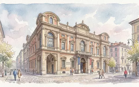 Aquarellillustration des Wahrzeichens Agyptisches Museum Turin in Turin Italien, weiche Farbverläufe und pastelliges Reiseposter-Feeling - Foto: THN