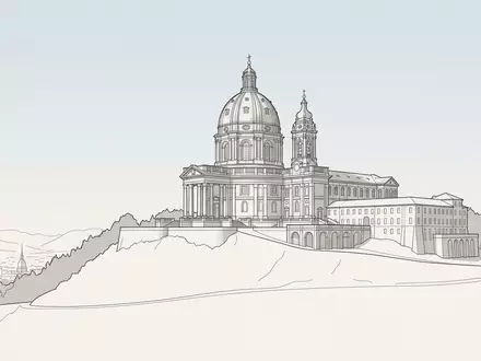 Moderner Architektur-Render zeigt Silhouette von Basilica di Superga in Turin Italien, klare Linien und neutrales - Foto: THN