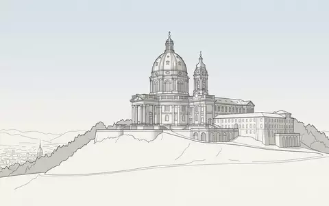 Moderner Architektur-Render zeigt Silhouette von Basilica di Superga in Turin Italien, klare Linien und neutrales - Foto: THN