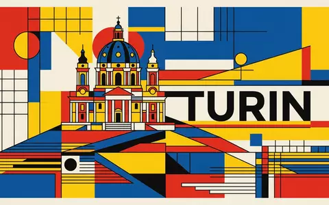Bauhaus-Poster als geometrische Abstraktion von Basilica di Superga in Turin Italien, kraeftige Grundfarben und harte - Foto: THN