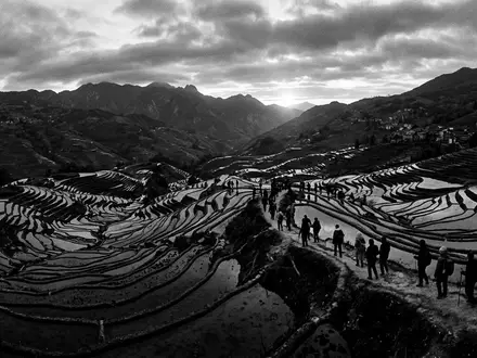 Schwarzweiss-Reportagebild vom Wahrzeichen Honghe-Hani-Reisterrassen in Yuanyang China, dokumentarische Reisefotografie mit starken Kontrasten - Foto: THN