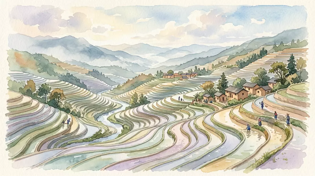 Aquarell-Illustration von Honghe-Hani-Reisterrassen in Yuanyang, China als Reiseposter