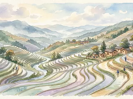 Aquarellillustration des Wahrzeichens Honghe-Hani-Reisterrassen in Yuanyang China, weiche Farbverläufe und pastelliges Reiseposter-Feeling - Foto: THN