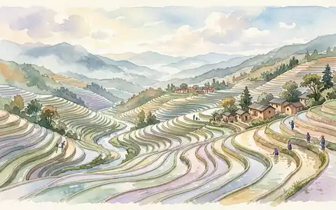Aquarellillustration des Wahrzeichens Honghe-Hani-Reisterrassen in Yuanyang China, weiche Farbverläufe und pastelliges Reiseposter-Feeling - Foto: THN