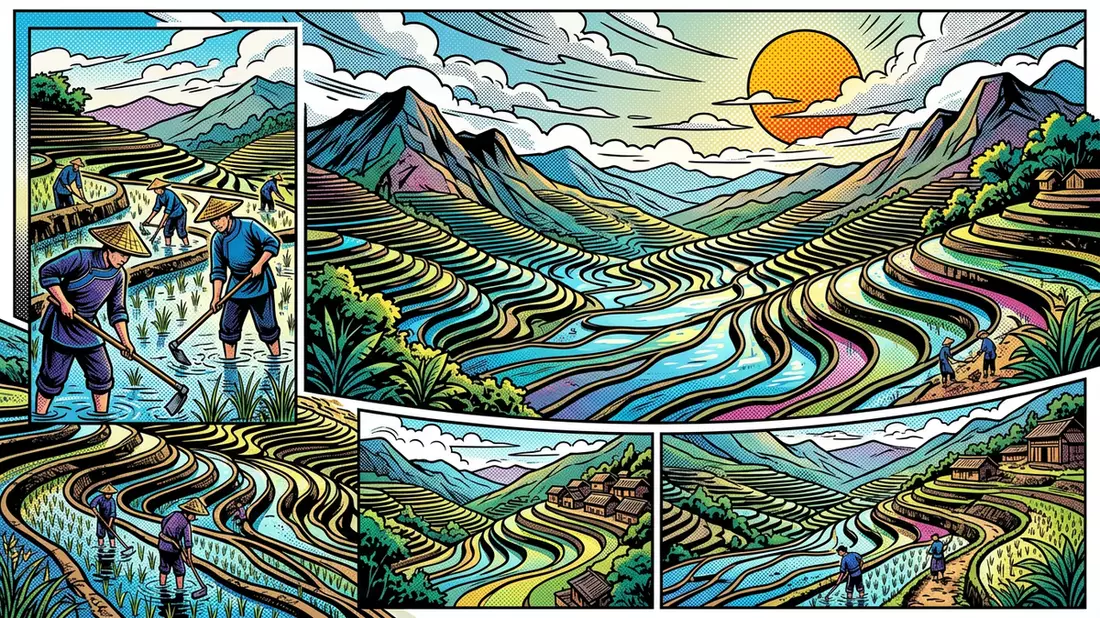 Pop-Art-Comic von Honghe-Hani-Reisterrassen in Yuanyang, China mit Rasterpunkten