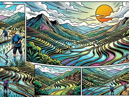 Pop-Art-Comicillustration des Wahrzeichens Honghe-Hani-Reisterrassen in Yuanyang China, kraeftige Konturen Rasterpunkte und satte Farben - Foto: THN