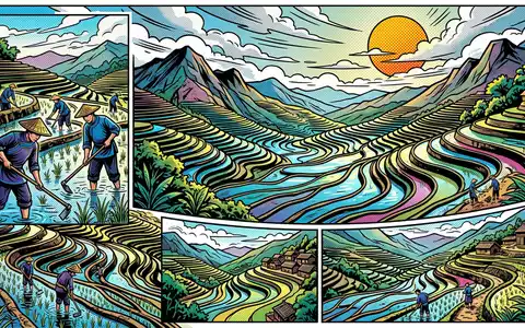 Pop-Art-Comicillustration des Wahrzeichens Honghe-Hani-Reisterrassen in Yuanyang China, kraeftige Konturen Rasterpunkte und satte Farben - Foto: THN