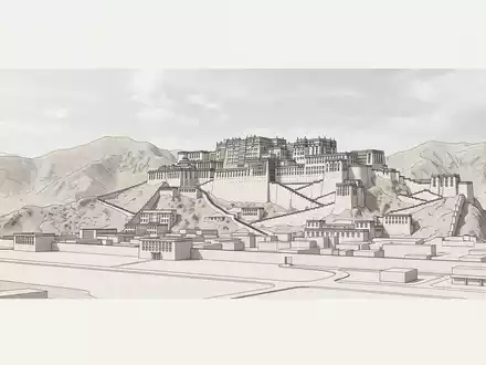Moderner Architektur-Render zeigt Silhouette von Potala-Palast Lhasa in Lhasa China, klare Linien und neutrales Tageslicht - Foto: THN